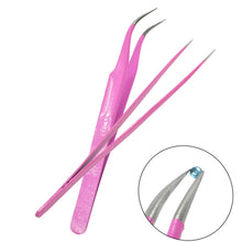 Load image into Gallery viewer, 2pcs Straight+Curved Eyebrow Eyelash Tweezers Nail Art Tools Pink Nipper for Picker Rhinestone Decorations Sticker Tools e311